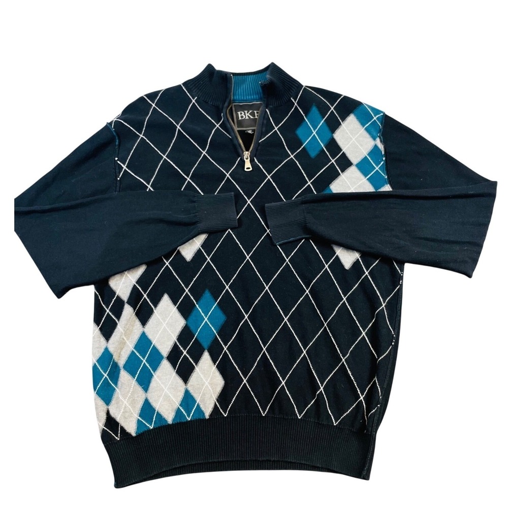 BKE Men Argyle Sweater Cotton‎ XL Blue Gray Diamond Preppy Crewneck Knitwear